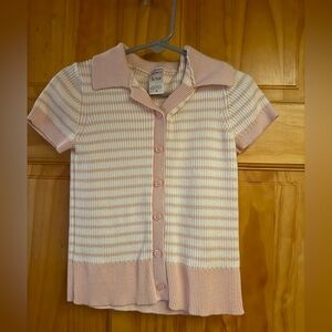 Girls Pink and White Striped Short Sleeve Collared Button Up Shirt Size 5